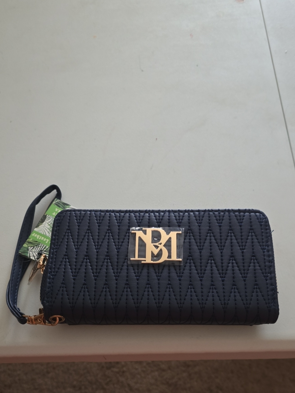 Badgley Mischka Navy Quilted Zip Wallet with Gold Logo